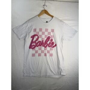 Barbie Shirt Womens Large White Pink Checker Logo Graphic Mattel Movie Tee‎
